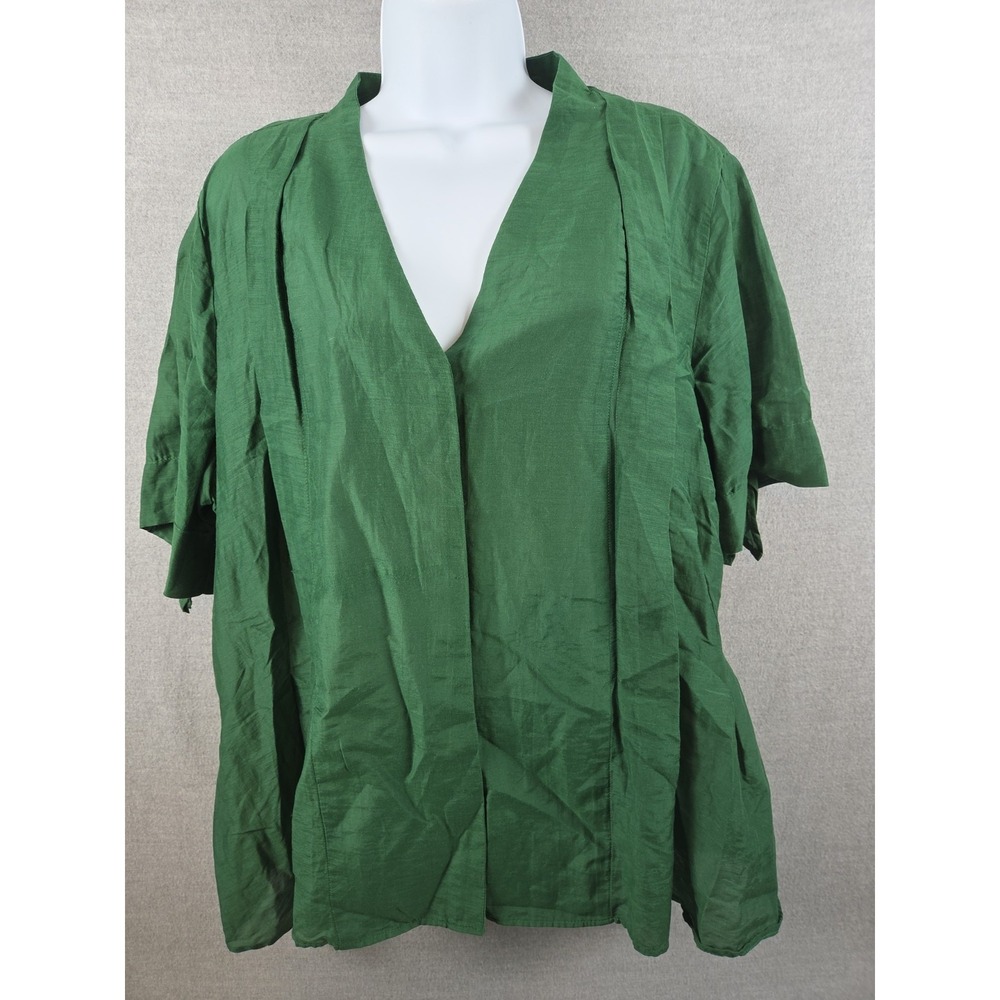 Chicos Silk Blend Blouse L Button Up‎ Forest Green Flowy Tailored Tie Sleeve